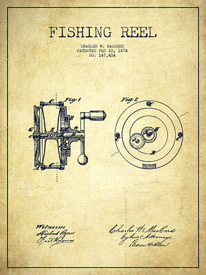 Animals Digital Art - Fishing Reel Patent from 1874 by Aged Pixel