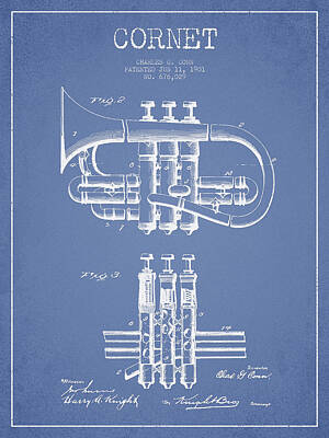 Music Digital Art - Cornet Patent Drawing from 1901 - Light Blue by Aged Pixel