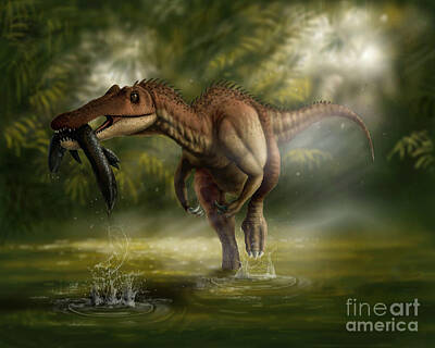 Reptiles Digital Art - A Baryonyx Dinosaur Catches A Fishin by Yuriy Priymak