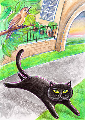 Comics Drawings - A Black Cat And A Singing Bird by GRAAL Publishing