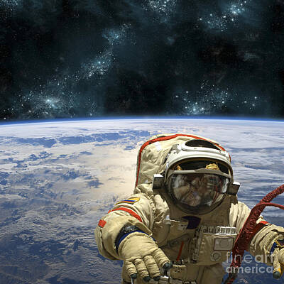 Science Fiction Royalty-Free and Rights-Managed Images - A Cosmonaut Floats In Space Above Earth by Marc Ward
