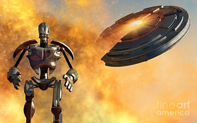 Fantasy Digital Art - A Giant Robot And Ufo On The Attack by Mark Stevenson