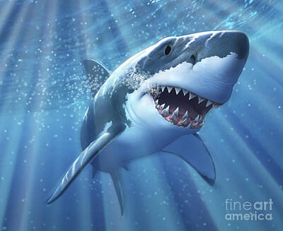 Beach Digital Art - A Great White Shark With Sunrays by Jerry LoFaro
