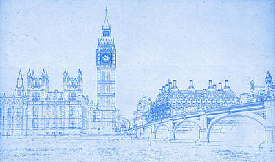 Target Threshold Coastal - Big Ben in London  - BluePrint Drawing by MotionAge Designs