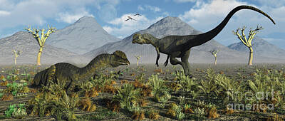 Mountain Digital Art - A Pair Of Dilophosaurus Dinosaurs by Mark Stevenson