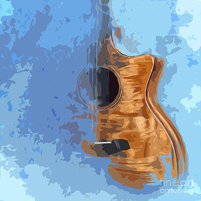 Musicians Digital Art Royalty Free Images - Acoustic Guitar Blue Background 5 Royalty-Free Image by Drawspots Illustrations