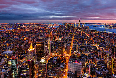 New York Skyline Royalty-Free and Rights-Managed Images - Aerial New York City at dusk by Mihai Andritoiu
