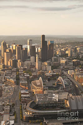 Baseball Royalty Free Images - Aerial view of the Seattle skyline with stadiums Royalty-Free Image by Jim Corwin