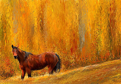 Animals Paintings - Alone In Grandeur- Bay Horse Paintings by Lourry Legarde
