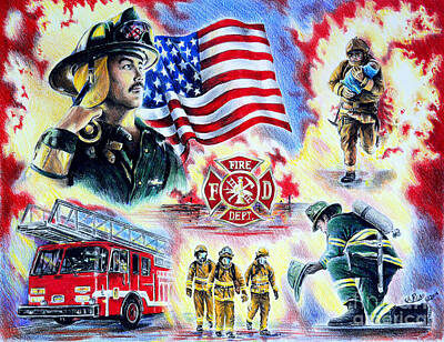 Cities Drawings Royalty Free Images - American Firefighters Royalty-Free Image by Andrew Read