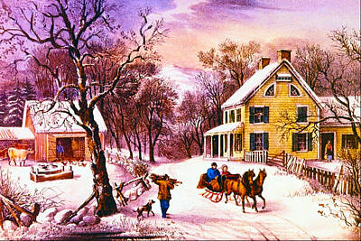Animals Digital Art Rights Managed Images - American Homestead Winter Royalty-Free Image by Currier and Ives