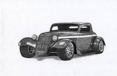 Landmarks Drawings - American hot rod car. by Kokas Art