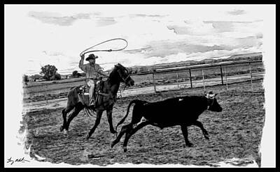 Airplane Paintings Royalty Free Images - An American Cowboy - BW 5 Royalty-Free Image by Tommy Anderson