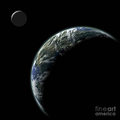 Surrealism Digital Art Royalty Free Images - An Earth-like Planet With An Orbiting Royalty-Free Image by Marc Ward