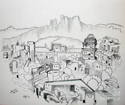 City Scenes Drawings - Ancient City in Pen and Ink by Janice Pariza