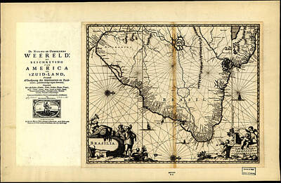 Beach Drawings - Antique Map of Brazil 1671 by Celestial Images