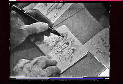 Jacob Kuch Vintage Art On Dictionary Paper - Art Homage Ted DeGrazia pen ink drawing  on camera KVOA TV studio January 1966 screen capture by David Lee Guss