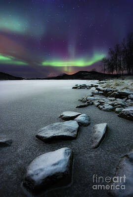 Beach House Throw Pillows - Aurora Borealis Over Sandvannet Lake by Arild Heitmann