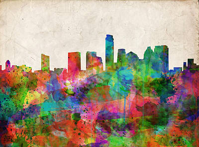 Skylines Paintings - Austin Texas Abstract Panorama 4 by Bekim M
