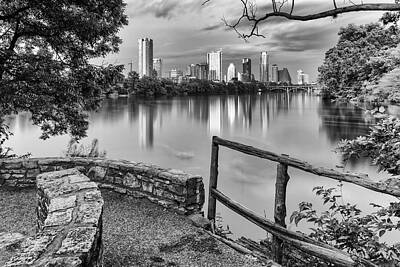 Birds Royalty-Free and Rights-Managed Images - Austin Texas Skyline Lou Neff Point in Black and White by Silvio Ligutti