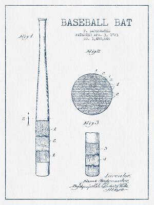 Baseball Digital Art - Baseball Bat Patent Drawing From 1923 - Blue Ink by Aged Pixel