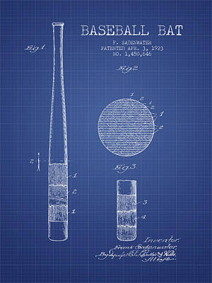 Sports Royalty-Free and Rights-Managed Images - Baseball Bat Patent From 1923 - Blueprint by Aged Pixel