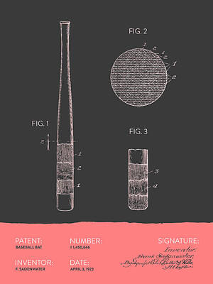 Baseball Royalty-Free and Rights-Managed Images - Baseball Bat Patent From 1923 - Gray Salmon by Aged Pixel