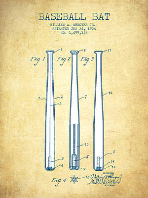 Baseball Royalty-Free and Rights-Managed Images - Baseball Bat Patent from 1924 - Vintage Paper by Aged Pixel