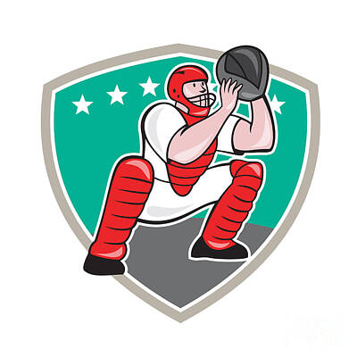 Baseball Digital Art - Baseball Catcher Catching Shield Cartoon by Aloysius Patrimonio