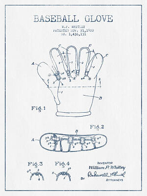 Sports Royalty-Free and Rights-Managed Images - Baseball Glove Patent Drawing From 1922 - Blue Ink by Aged Pixel