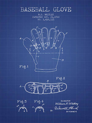 Sports Royalty-Free and Rights-Managed Images - Baseball Glove Patent From 1922 - Blueprint by Aged Pixel