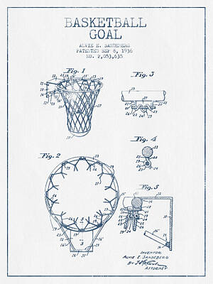 Sports Royalty-Free and Rights-Managed Images - Basketball Goal patent from 1936 - Blue Ink by Aged Pixel