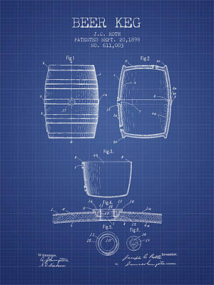 Beer Digital Art Royalty Free Images - Beer Keg patent from 1898 Blueprint Royalty-Free Image by Aged Pixel