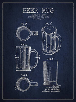 Food And Beverage Digital Art - Beer Mug Patent Drawing from 1951 - Navy Blue by Aged Pixel