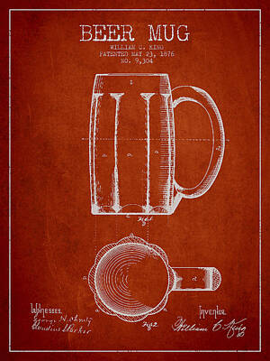 Beer Digital Art - Beer Mug Patent from 1876 - Red by Aged Pixel