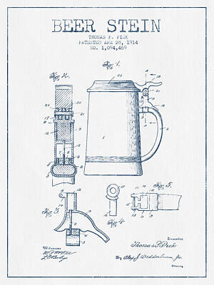 Food And Beverage Digital Art - Beer Stein Patent from 1914 -  Blue Ink by Aged Pixel