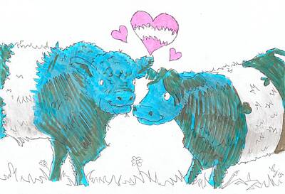 Animals Drawings - Belted Galloway Cows Cartoon by Mike Jory