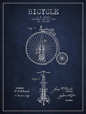 Transportation Digital Art Royalty Free Images - Bicycle Patent Drawing From 1885 - Navy Blue Royalty-Free Image by Aged Pixel