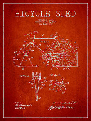 Transportation Digital Art - Bicycle Sled Patent Drawing from 1918 - Red by Aged Pixel