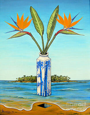 Surrealism Paintings - Birds Of Paradise Over Fiji by Jerome Stumphauzer