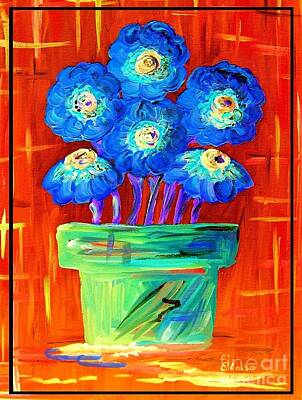 Football Painting Royalty Free Images - Blue Flowers on Orange Royalty-Free Image by Eloise Schneider Mote