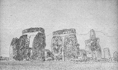 Fairy Watercolors - BluePrint of Stonehenge in the English county of Wiltshire BW by Celestial Images