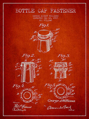 Beer Royalty-Free and Rights-Managed Images - Bottle Cap Fastener Patent Drawing from 1907 - Red by Aged Pixel
