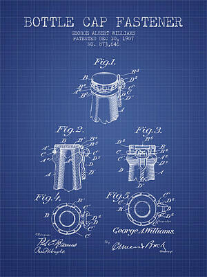 Beer Royalty-Free and Rights-Managed Images - Bottle Cap Fastener Patent from 1907- Blueprint by Aged Pixel