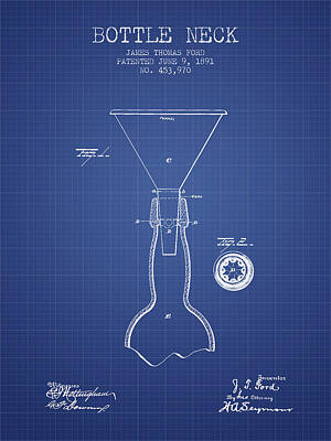 Beer Royalty-Free and Rights-Managed Images - Bottle Neck patent from 1891 - Blueprint by Aged Pixel