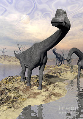 Animals Digital Art - Brachiosaurus Dinosaurs Near Water by Elena Duvernay