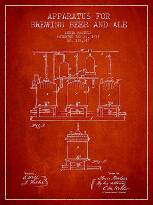 Food And Beverage Digital Art - Brewing Beer and Ale Apparatus Patent Drawing from 1873 - Red by Aged Pixel