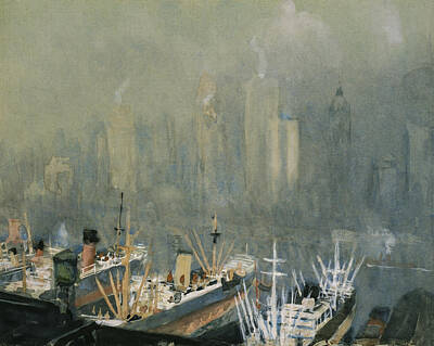 Skylines Paintings - Brooklyn Harbor circa 1921  by Aged Pixel