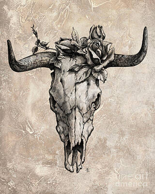 Animals Drawings - Bull Skull and Rose by Emerico Imre Toth