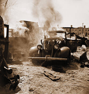 Transportation Photos - Burning Car Circa 1942  by Aged Pixel